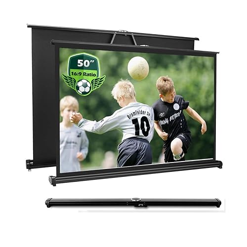 Tecdigbo 50 Inch Projector Screen Pull Down, 16:9 Projector Screen Retractable Tabletop Screen Tripod Stand for Home Theater Meeting Room, School