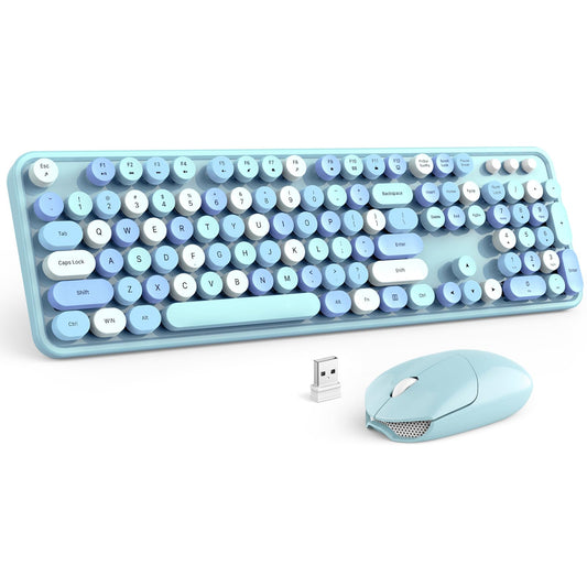 MOFII Wireless Keyboard and Mouse Combo, Blue Colorful Round Key Typewriter Keyboards, 2.4GHz Full Size Keyboard Computer Mice, USB Receiver Plug