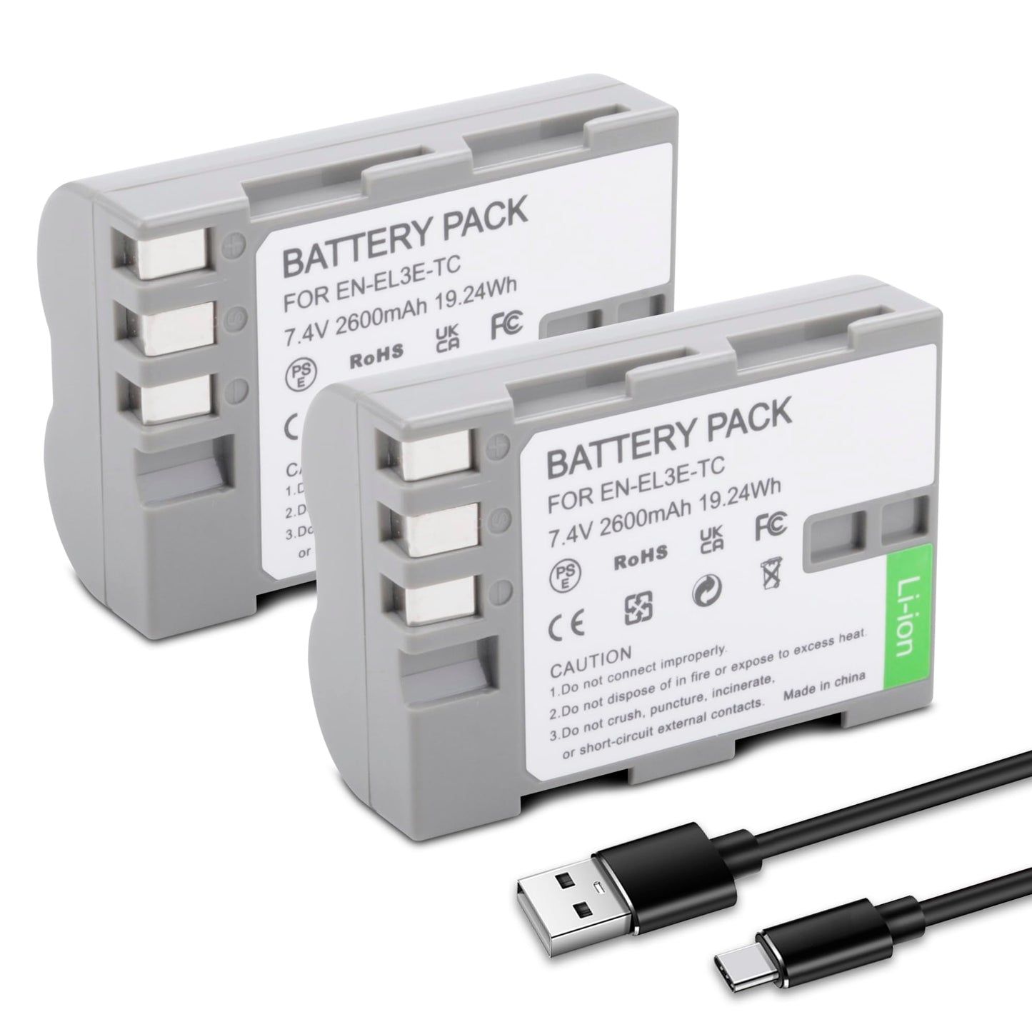 TZRONG 2 Pack EN-EL3e Battery with USB-C Charging Port for Nikon D50, D70, D70s, D80, D90, D100, D200, D300, D300S, D700, MH-18, MH-18a Digital SLR