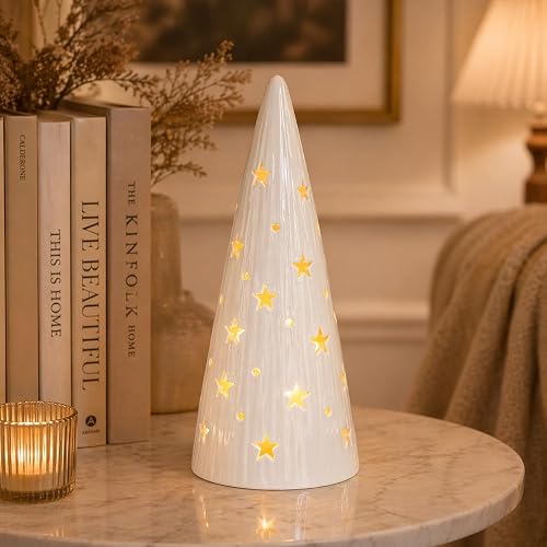 White Ceramic Light Up Cone Tree with Star Design LED Christmas Decoration Battery Powered Tabletop Holiday Home Decor Winter Night Light MOMENTS IN
