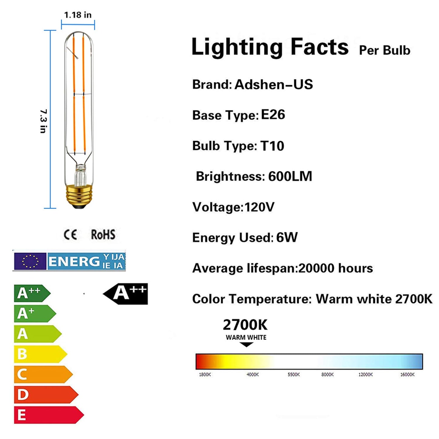Adshen-US Dimmable 6W Edison Led Tube Bulbs,Soft White 2700K,T10 Long Tubular Light Bulb 7.3 Inch, 60Watt Equivalent,Medium Base E26 Led Bulb, Pack