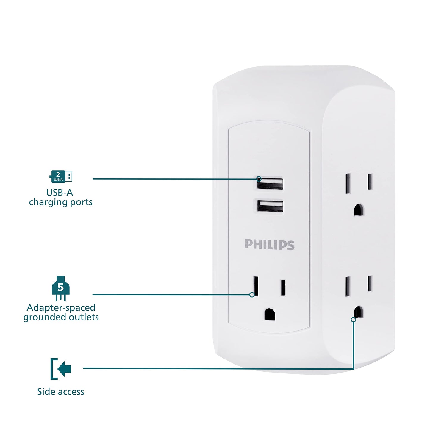 Philips 5-Outlet Extender, Grounded Wall Tap, 3-Prong, 2 USB-A, Surge Protector, Adapter Spaced Outlets, Side Access, 560 Joules, Quick and Easy