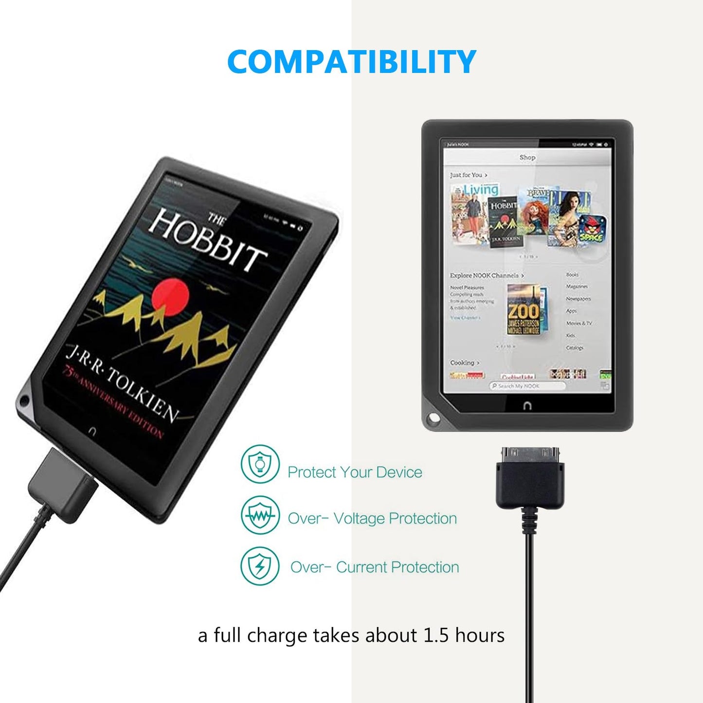 Fast Wall Charger USB Charging Cable Data Cord fit for Barnes & Noble Nook Hd HD Plus 7 Inch + 9 Inch BNTV400 BNTV600 Charger Replacement