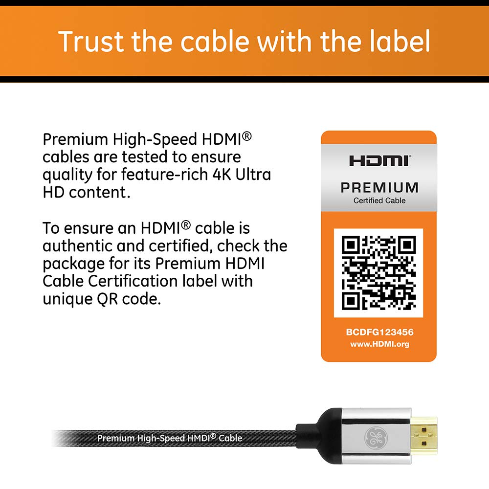 GE 4K HDMI Cable, 6 ft. Premium HDMI 2.0 High Speed 18 Gbps with Ethernet, 4K 60Hz, 1440p 1080p 120Hz, HDR, for HDTV, Streaming, Blu-ray, Gaming, PS4