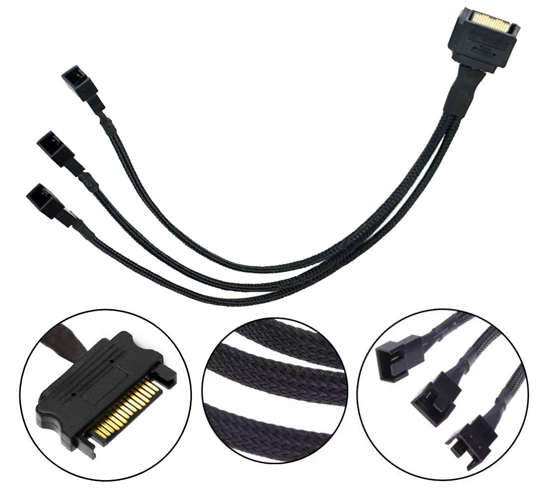 TeamProfitcom SATA to 3 Fan Splitter Adapter Cable 3 Way Sleeved Braided Y Splitter Computer case PC 3/4 pin Fan Extension Power Cable SATA to 3 Fan