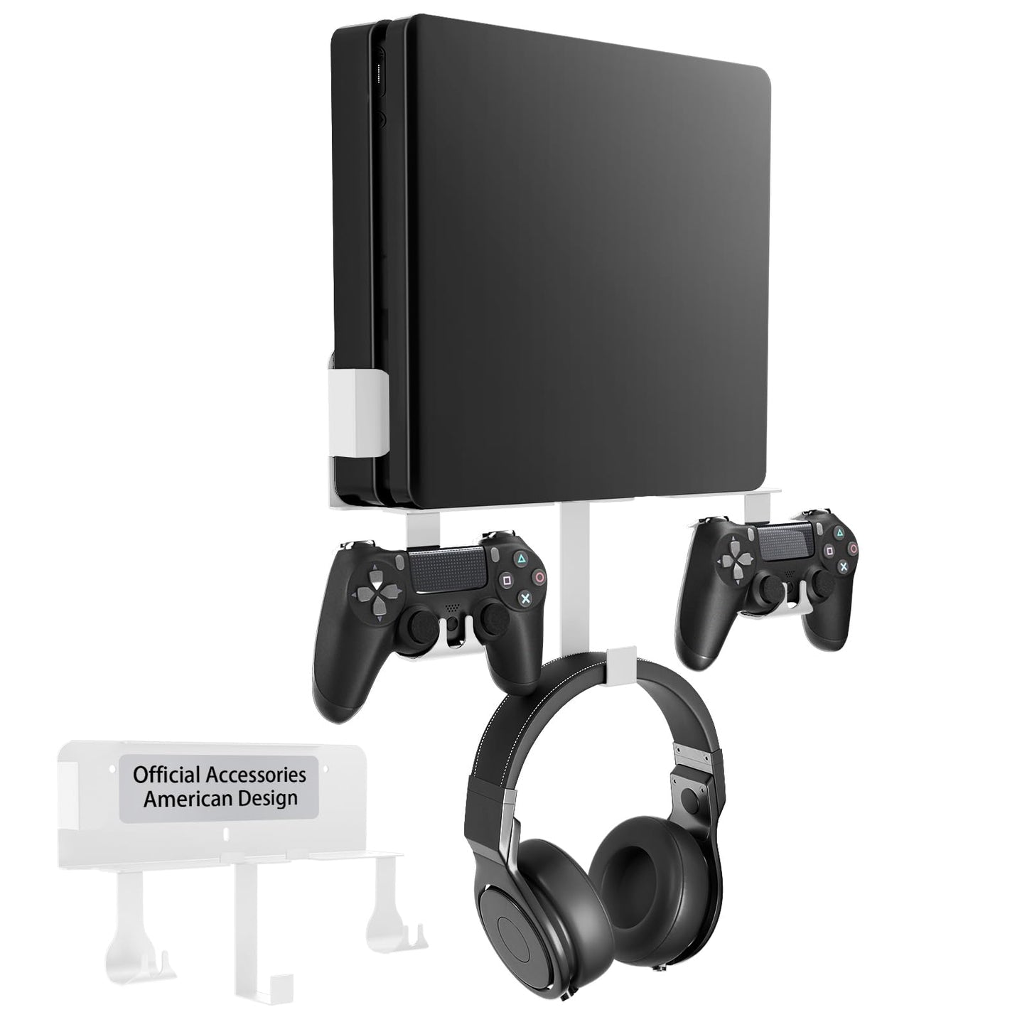 Wall Mount Kit with Detachable 2 Controller Holder & Headphone Hanger, Metal Wall Mount Stand Compatible with PlayStation 4 Slim