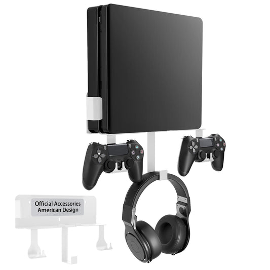 Wall Mount Kit with Detachable 2 Controller Holder & Headphone Hanger, Metal Wall Mount Stand Compatible with PlayStation 4 Slim