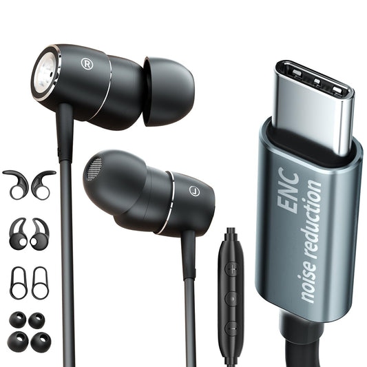 USB C ENC in Ear Headphones with Mic Calls Noise-Canceling Wired Earbuds with Dynamic Bass,(Ear Hooks can be Attached) DAC USB Type C Earphones…