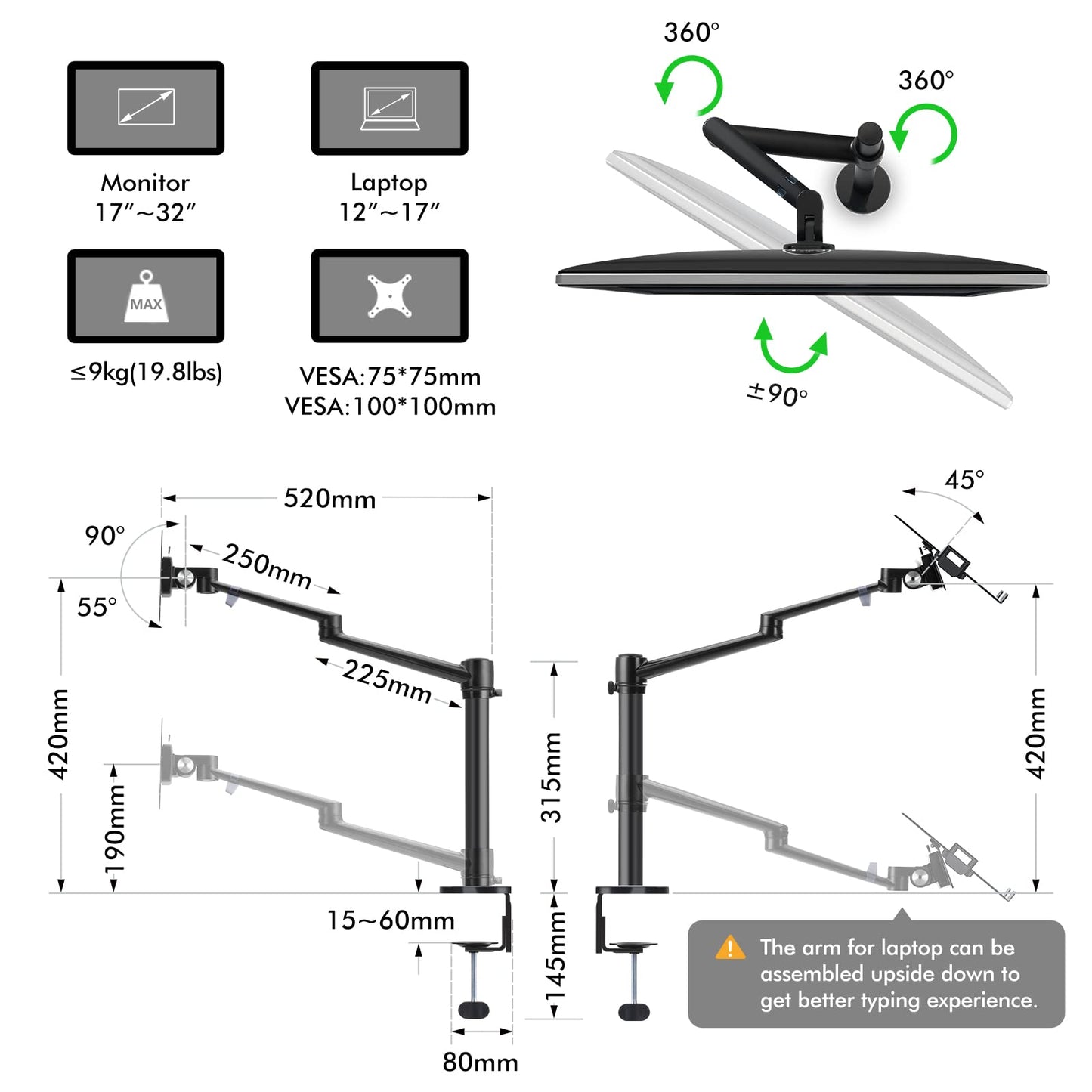 Viozon Monitor and Laptop Mount, 2-in-1 Adjustable Dual Arm Desk Mounts Single Desk Arm Stand/Holder for 17 to 32 Inch LCD Computer Screens, Extra