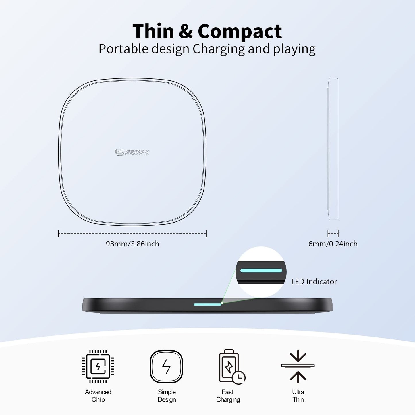 Esoulk Black 15W QI Wireless Charger & 5FT Type-C Charging Cable Slim & Compact - Fast Charger - Charging Plug/Brick not Included - Compatible