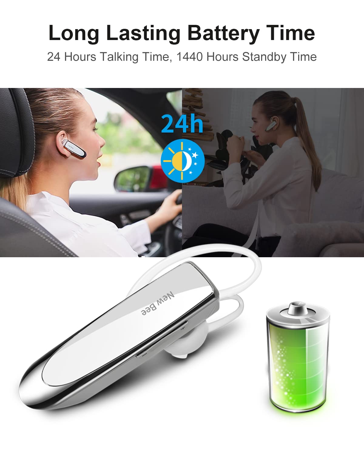New Bee Bluetooth Earpiece V5.0 Wireless Handsfree Headset with Microphone 24 Hrs Driving Headset 60 Days Standby Time for iPhone Android Samsung