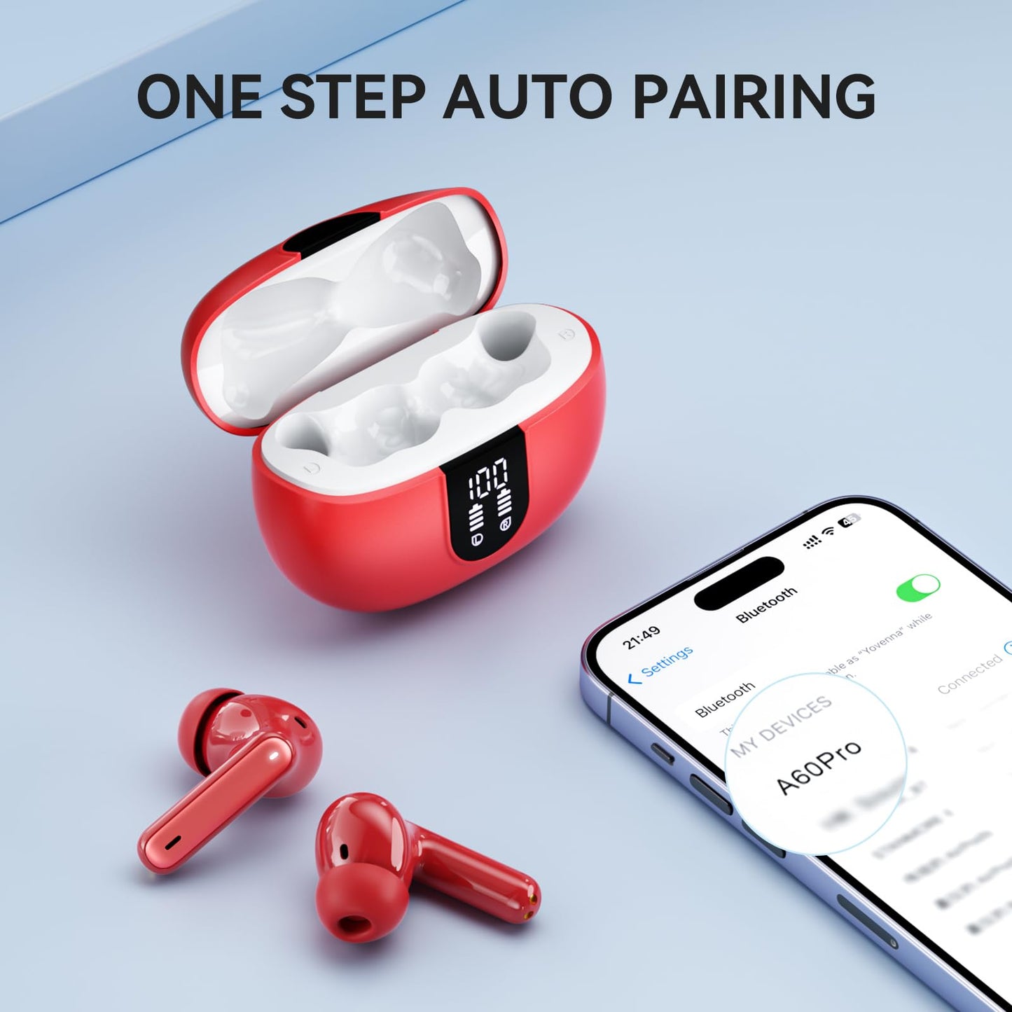 MoBadeety Wireless Earbuds, Bluetooth 5.3 Headphones 40Hrs Playtime Deep Bass Stereo, LED Power Display, Call Noise Canceling Headphones with Mic, IP7