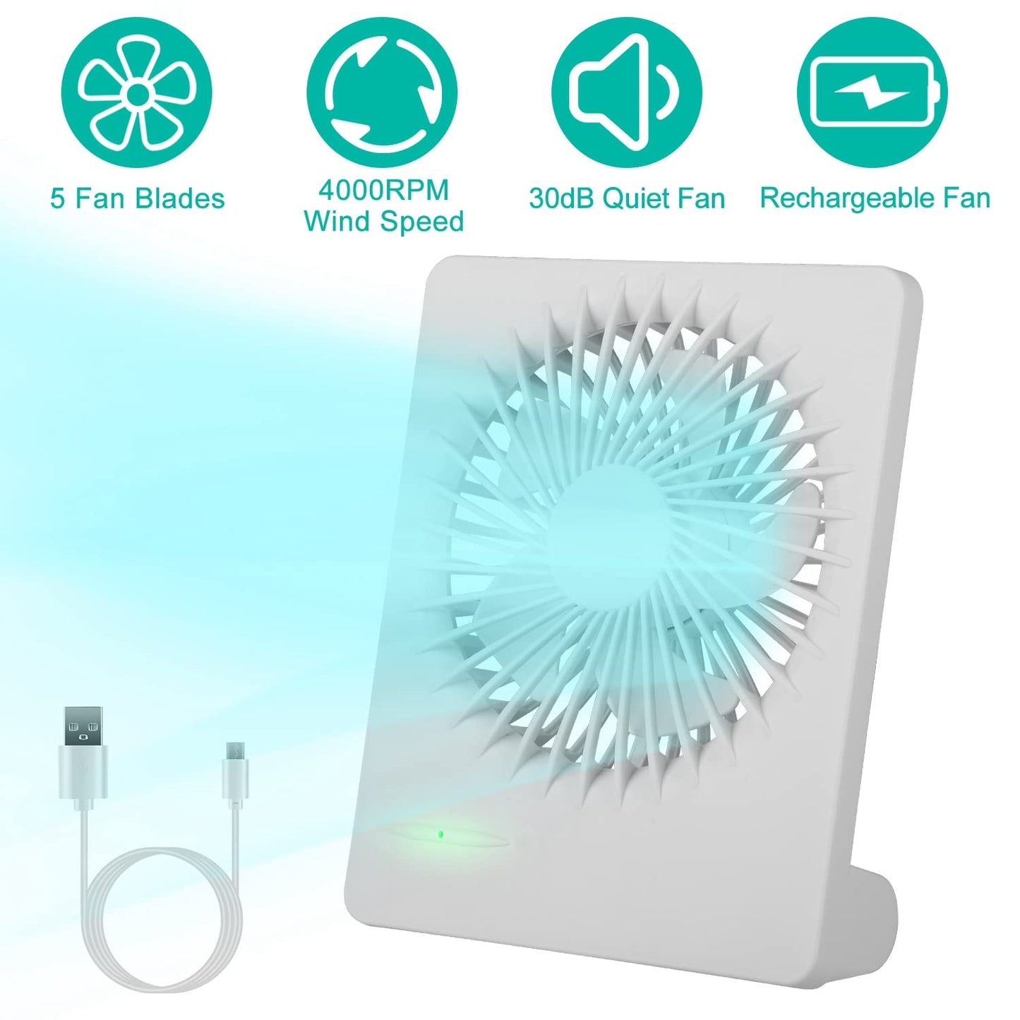 KOCASO 3 Speed Office Air Circulator Fan, 6.58in Desk Fan with 5 Blades, USB Rechargeable Fan, White