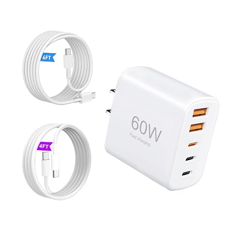 60W USB-C Fast Charging Kit (Includes Cables: 4ft + 6ft), 5-Port Wall Plug Power Adapter, Compatible with iPhone 17/16/15/Pro Max Series, iPad
