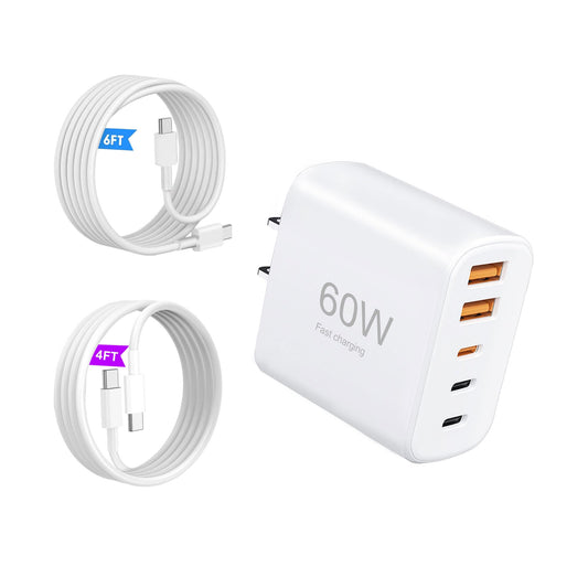 60W USB-C Fast Charging Kit (Includes Cables: 4ft + 6ft), 5-Port Wall Plug Power Adapter, Compatible with iPhone 17/16/15/Pro Max Series, iPad