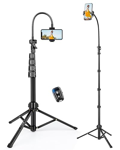 Phone Tripod, 85" Tall Tripod for iPhone with Remote, Gooseneck and Phone Holder, Overhead Phone Stand for Video Recording Watching Cooking Fitness