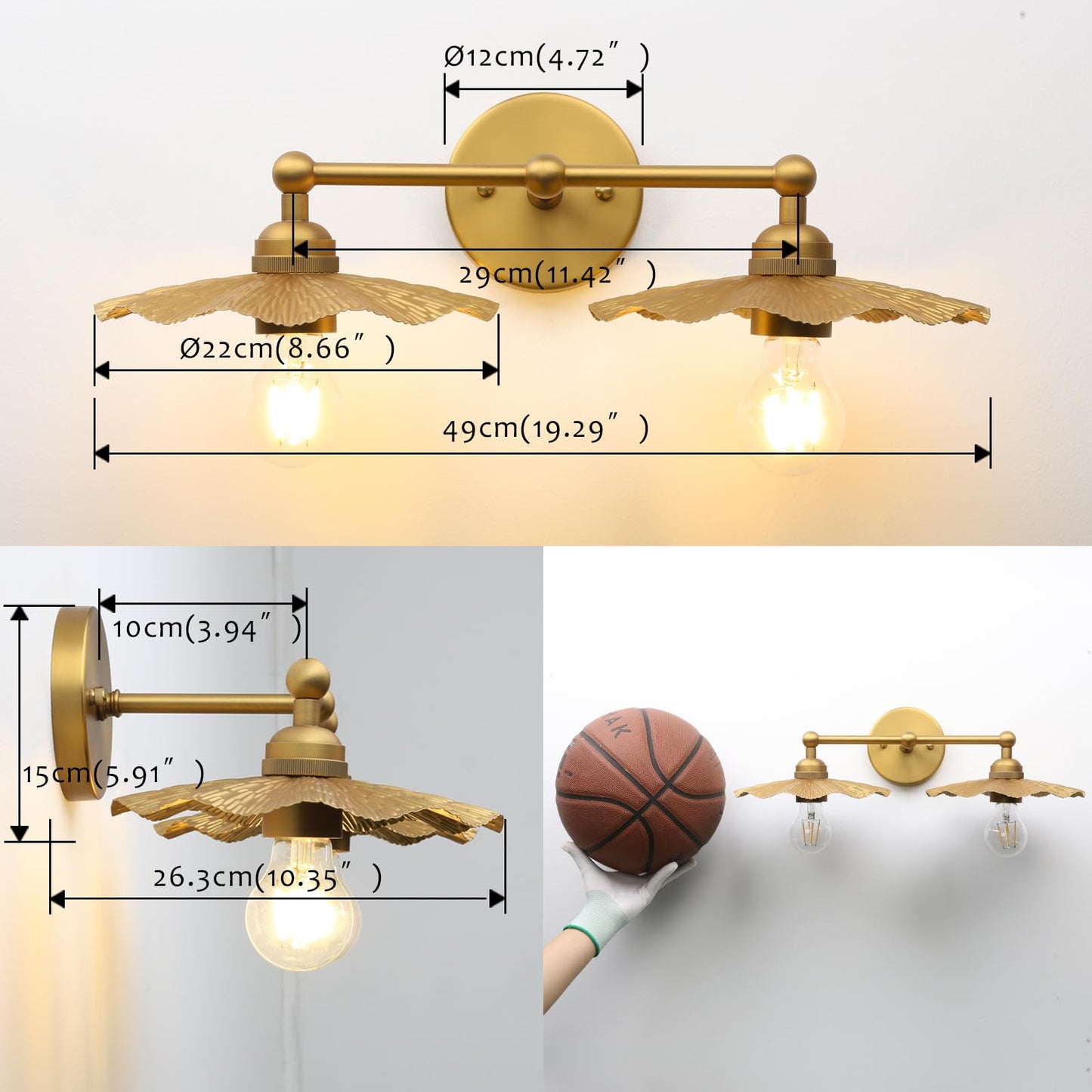 Pathson 2-Head Wall Sconce Lamps Flower Design, Brass Bathroom Vanity Wall Light Above Mirror Lighting Fixture, Hardwired Metal Home Decor for Living