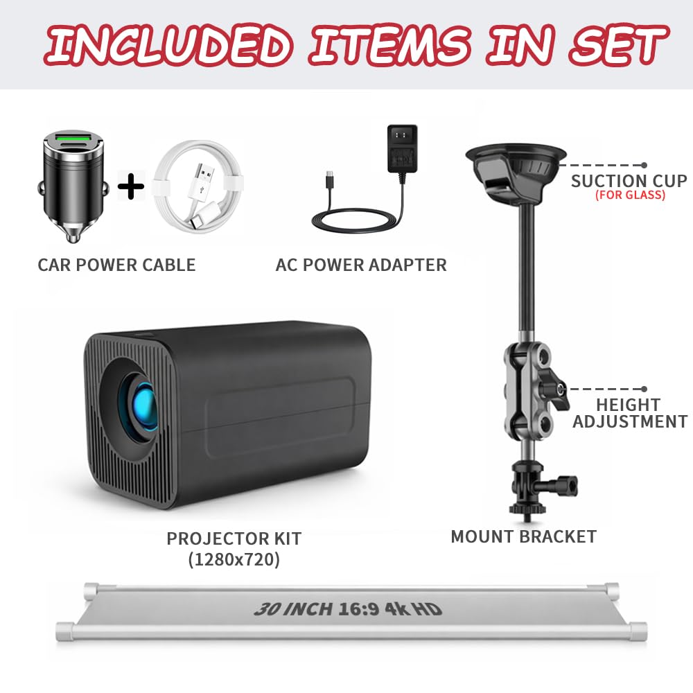 Car Projector, Mini Portable outdoor Projector Kit with 30FT Screen (16:9), Supports 4K HD Ideal for Car, Travel and Outdoor Movie Nights