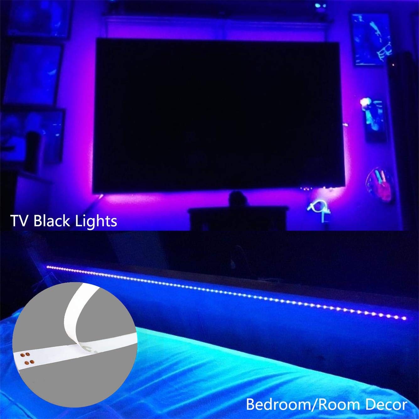 UV Light Strip USB UV Black Light Strip DC5V 390nm-400nm 6.56FT/2M SMD 3528 120LEDs IP65 Waterproof Super Bright LED Strip Lights, for Fluorescent