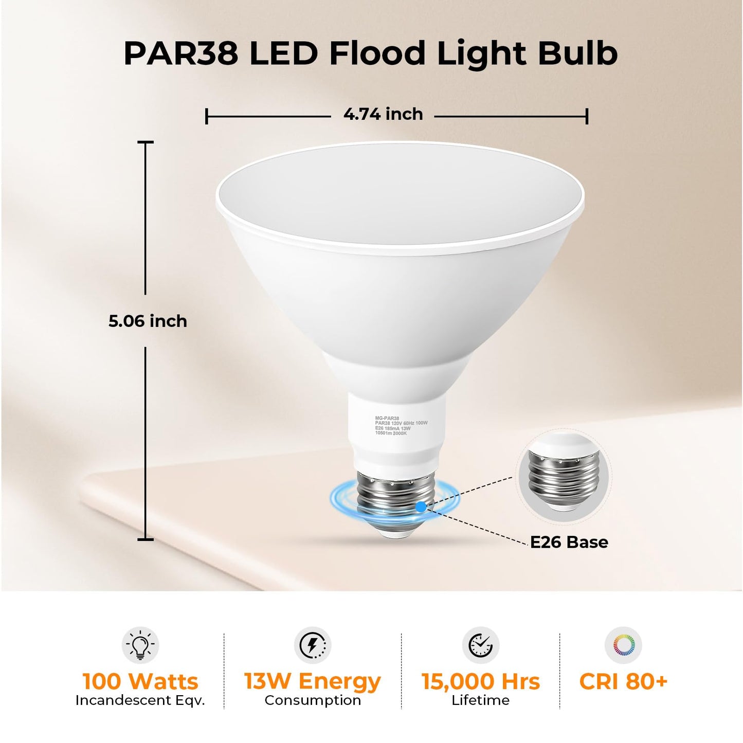 GvvooHome Soft White PAR38 LED Flood Light Bulbs Outdoor, 3000K Warm Glow, 13W, 100W Equivalent, 1050 Lumens, Dimmable Waterproof E26 Bulb for Patio