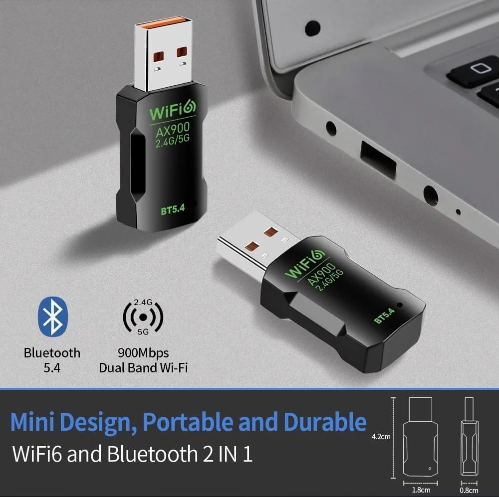 900Mbps WiFi 6 Adapter, 2 in 1 USB Bluetooth 5.4 Network Card 2.4G 5G Wireless USB Dongle Receiver Free Driver for PC