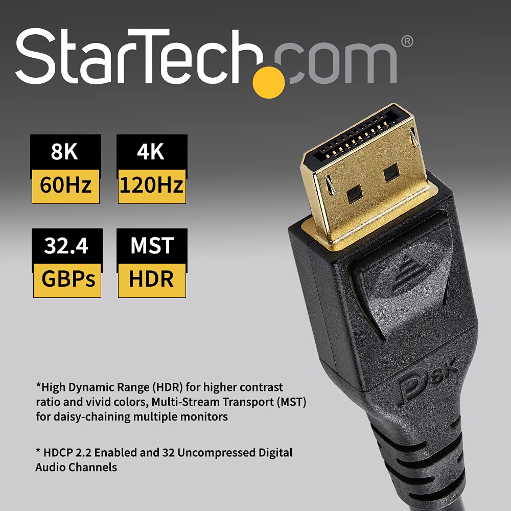 StarTech.com 13ft (4m) VESA Certified DisplayPort 1.4 Cable, 8K 60Hz HBR3 HDR, UHD DisplayPort Monitor Cord, Ultra HD 4K 120Hz DP 1.4 Video Cable M/M