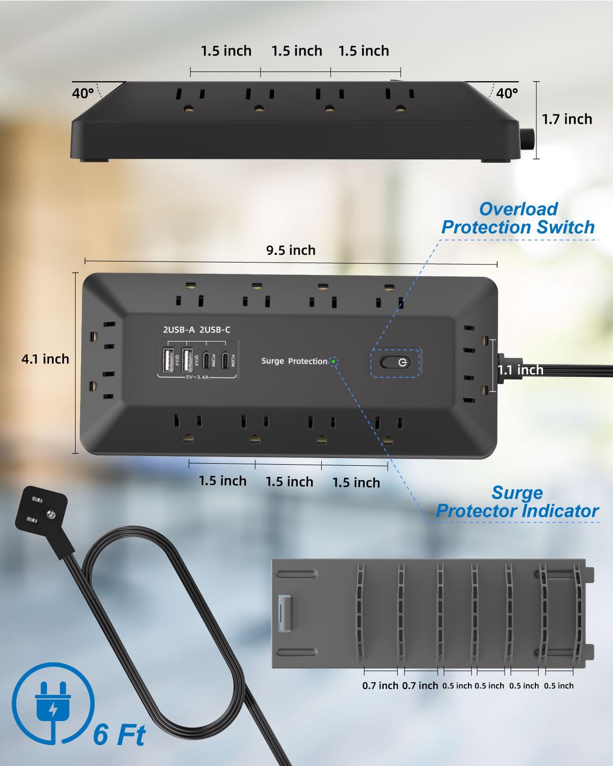 VIPWELL 16 in 1 Surge Protector Power Strip with 4 USB (2 USB C) and 12 AC Outlets Extender, 6 Ft Flat Plug Extension Cord, Cable Management Outlets