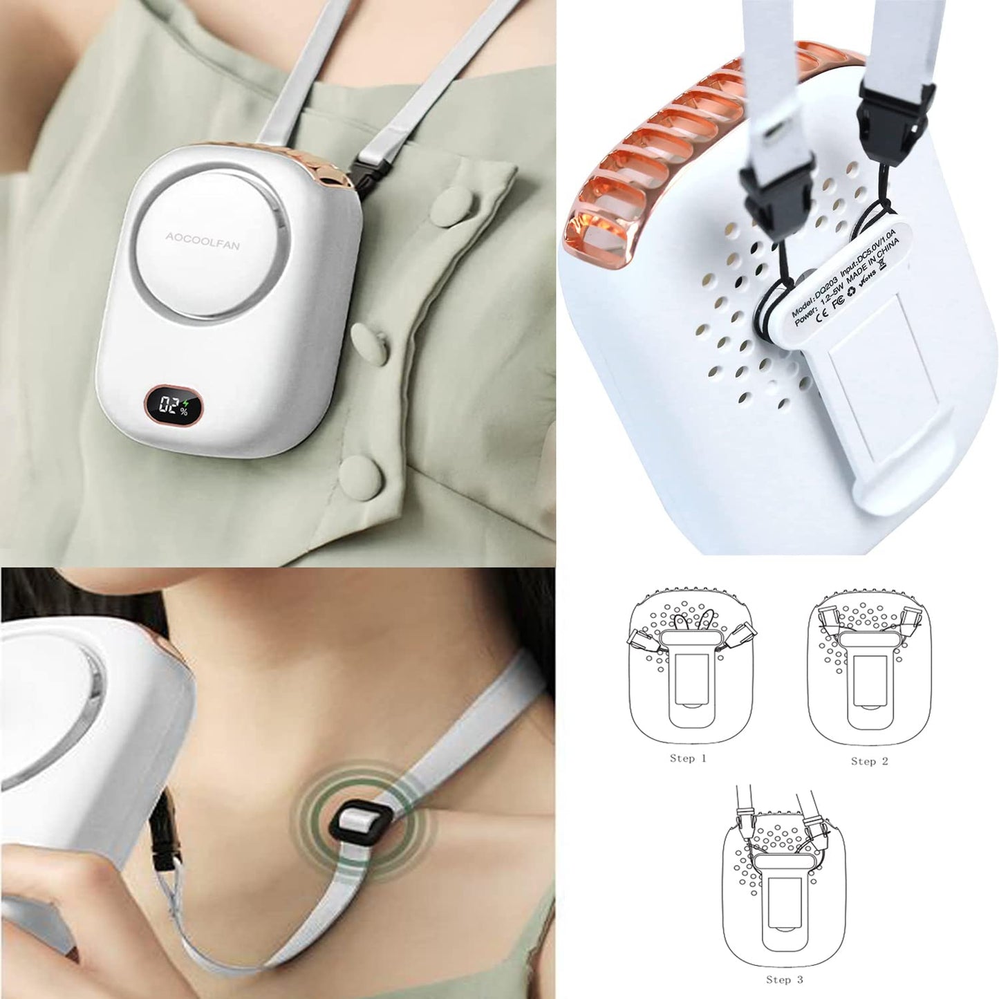 AOCOOLFAN Portable Neck Fan, Mini Small Personal Handheld Fan USB Rechargeable 3 Speed for Girls Boys Woman Eyelash Travel Home Office Outdoor (White)