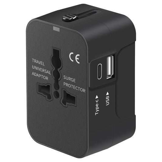 Universal Travel Adapter with USB-C – All-in-One Worldwide Power Converter & Wall Charger for USA, EU, UK, AUS – Black