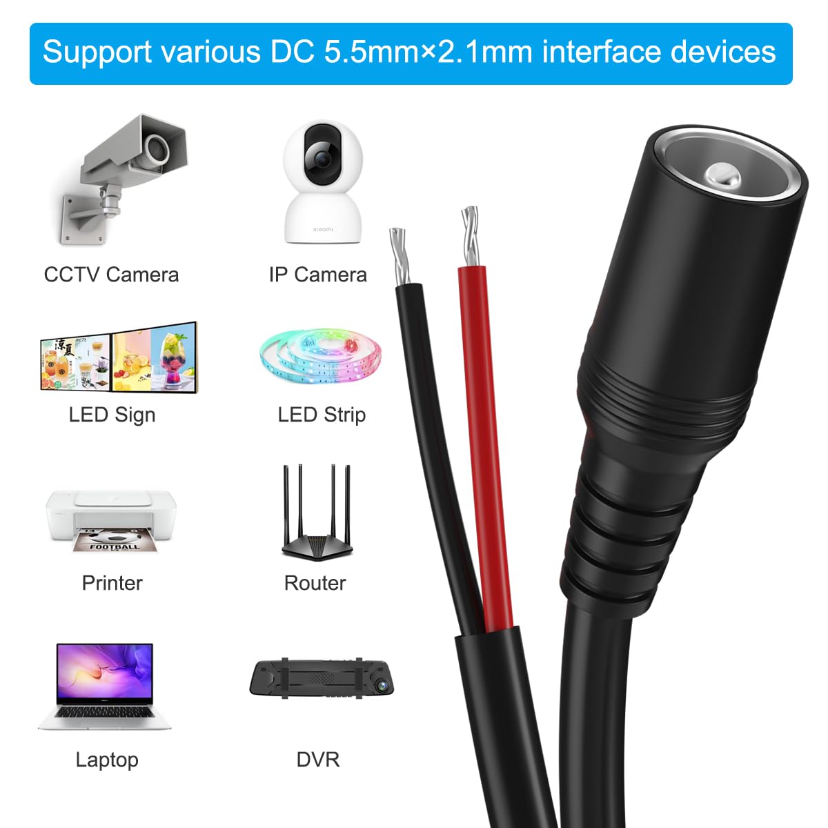 2Pack 16AWG DC Power Pigtails Cable,2.1mm x 5.5mm DC Female Plug to Bare Wire Open End,DC Barrel Plug Connector Supply Adapter Repair Cord for CCTV