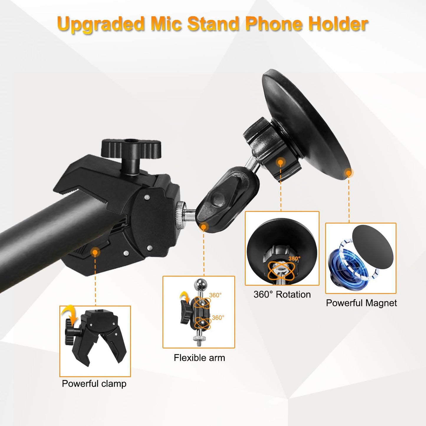 Khazylorr Mic Stand Phone Holder, for MagSafe Clamp Mount Phone Holder Handlebar, 360° Swivel Magnetic Microphone Stand Phone Mount Clip for iPhone 16