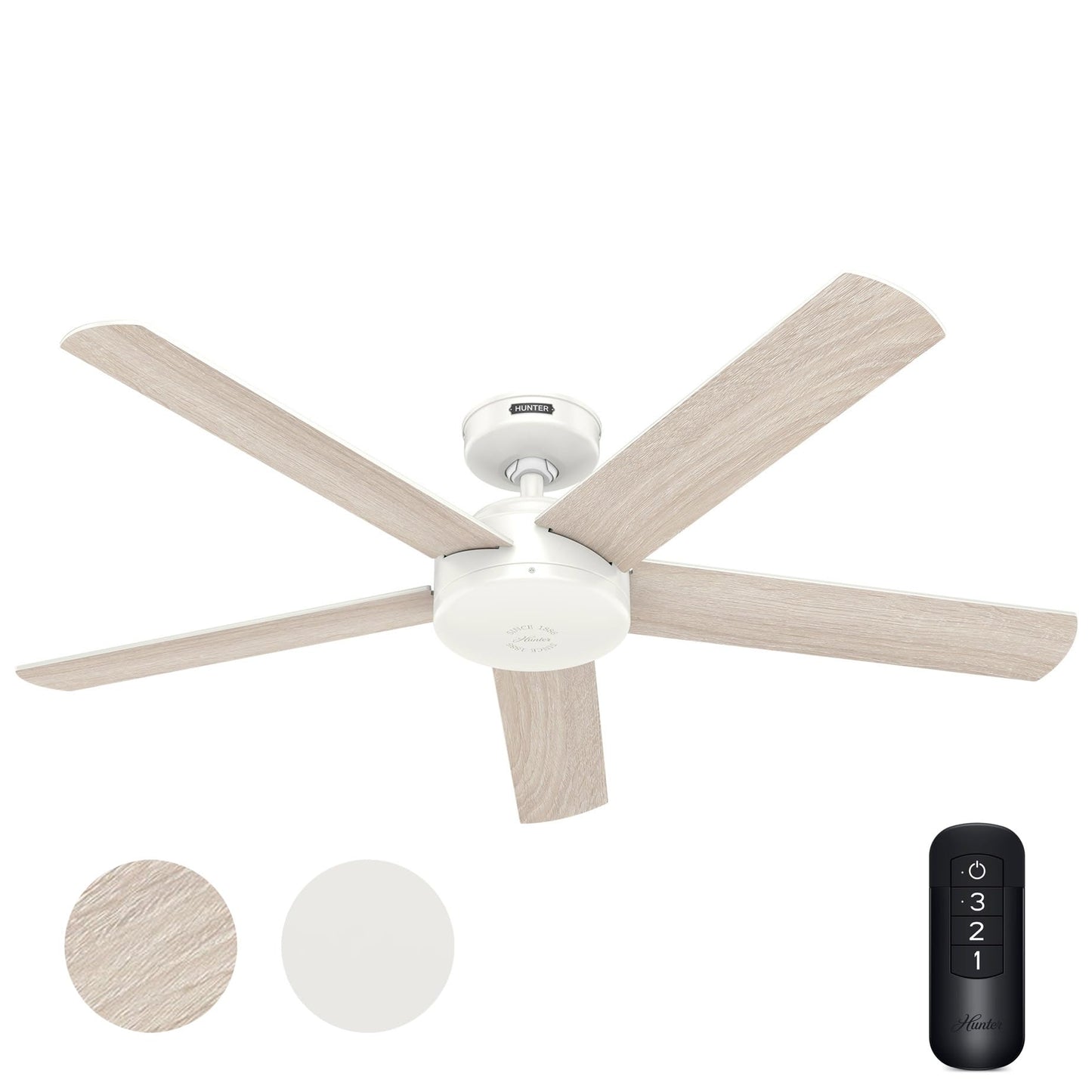 Hunter Fan Outdoor or Indoor Ceiling Fan, 52 in White Ceiling Fan No Light with Remote Control for Patios, Living Room, Bedroom, Porch, Garage