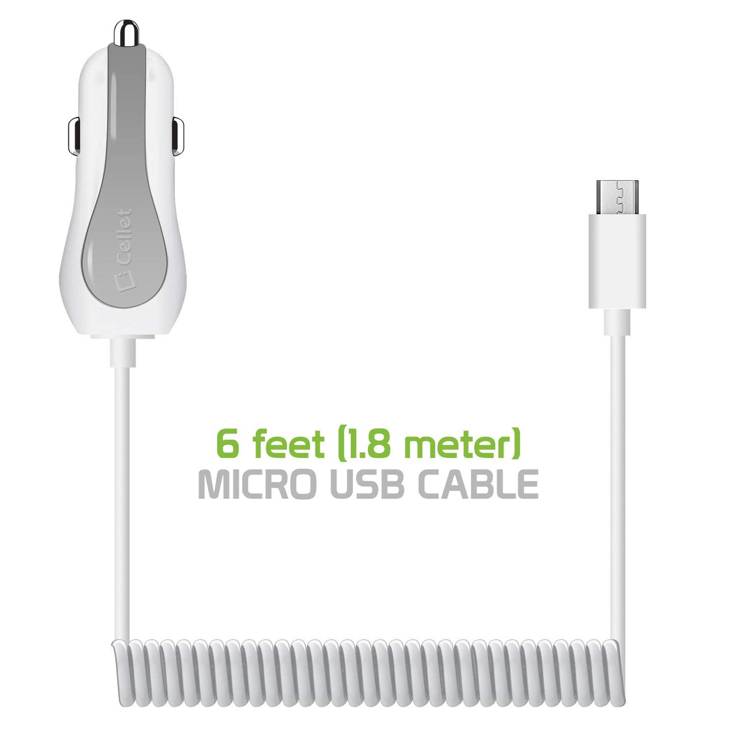 Cellet Micro-USB Car Charger, Coiled and Extra USB Port Car Charger, Built-in Coiled 4ft Long Micro USB Cable. (Fast Charging 2.4 Amp)