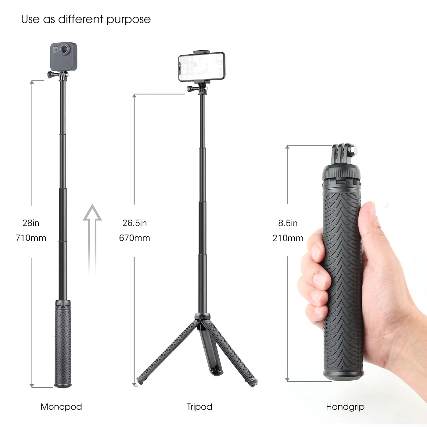 SOONSUN 3in1 Aluminum Waterproof Selfie Stick for GoPro Hero 13 12 11 10 9 8 7 6 5 4, Fusion, Max, Session, Insta360, AKASO, SJCAM, Osmo Action Camera