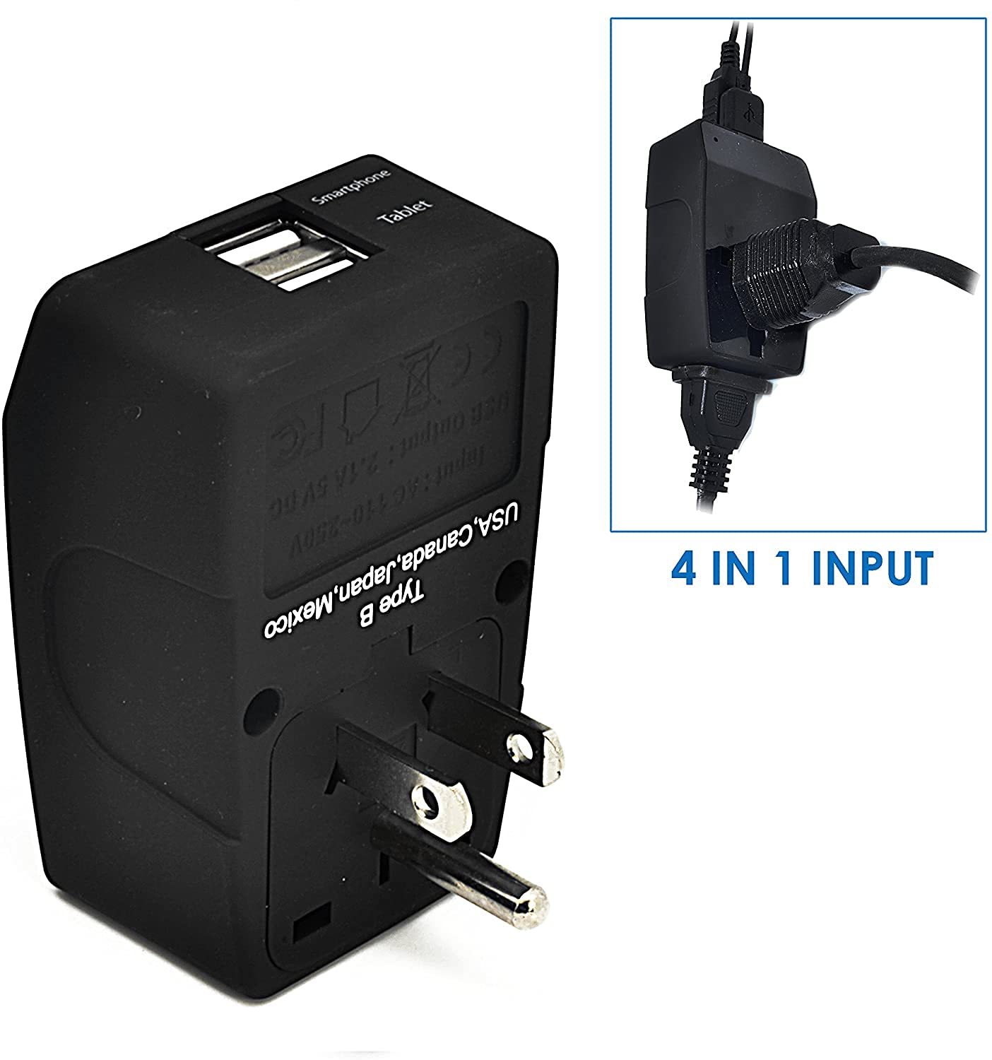 Ceptics US Adapter Power Plug Ceptics - EU European to USA American Socket Travel Outlet - Grounded Universal Input - Dual USB - 4 in 1, Black…