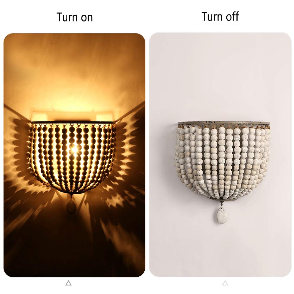 Newrays Vintage Wood Bead Wall Lamp Gray White Finishing Retro Antique with Hard Wired for Bedroom Fixtures