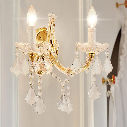 TMAFON Crystal Wall Lights, Modern Sconce - Brilliant 2 Lights Maria Theresa Wall Lamp Light Fixtures, Gold Wall Mounted Lamp for Bedroom, Living