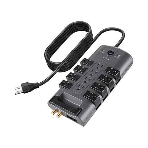 Belkin Surge Protector Power Strip w/ 8 Rotating & 4 Standard Outlets - 8ft Sturdy Extension Cord w/ Flat Pivot Plug for Home, Office, Travel, Desktop