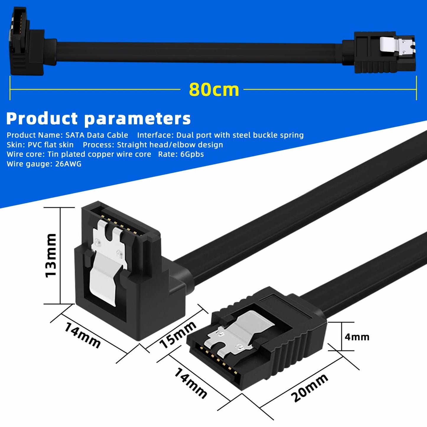 DaFuRui 10-Pack 90 Degree Right Angle SATA III 6.0 Gbps Cable - Black with Locking Latch, 32 Inch SATA Cable Pack for HDD, SSD, CD and DVD Drives