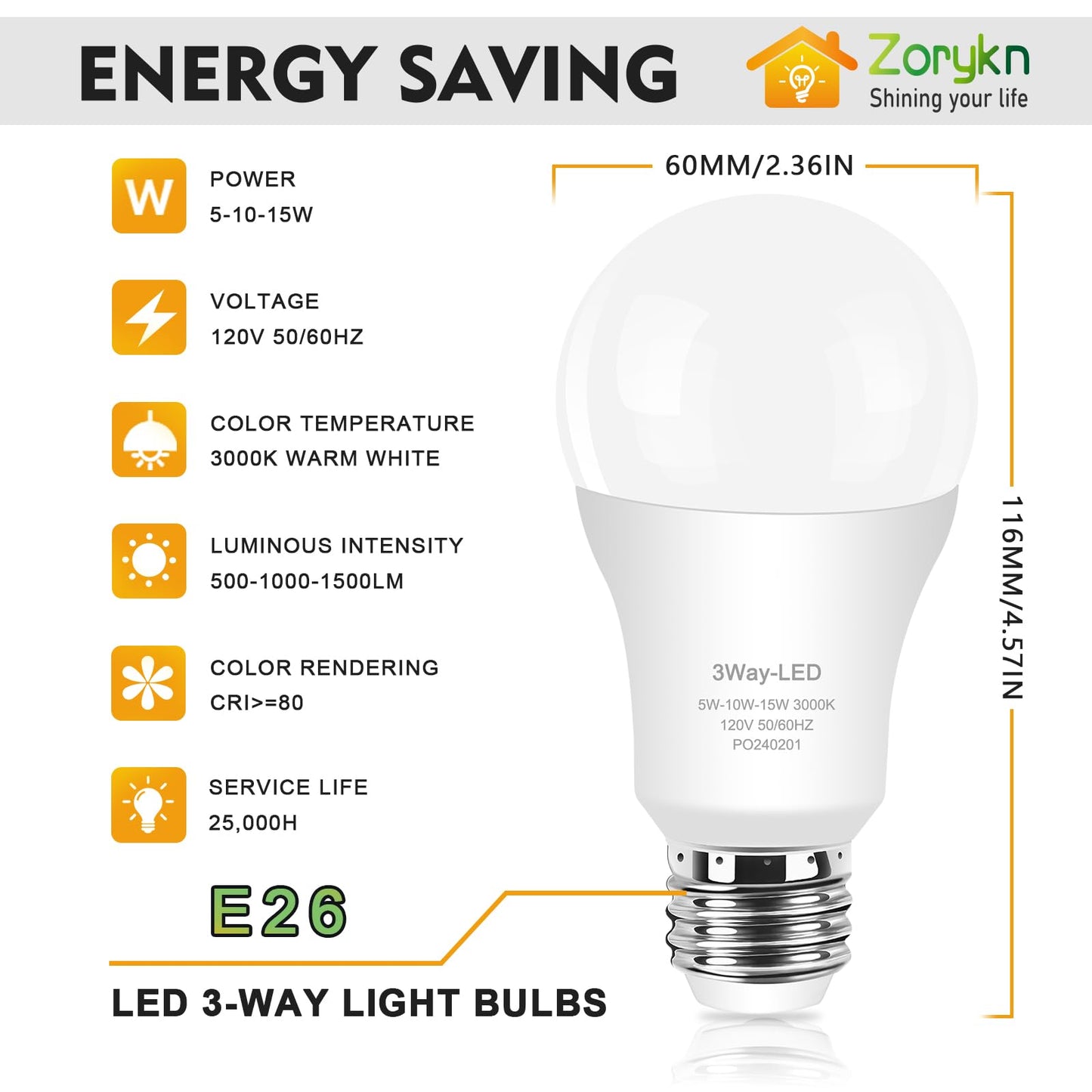 Zorykn 3 Way Light Bulbs 50 100 150 Warm White, E26 Medium Base,2 Pack