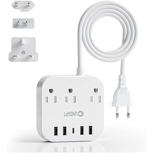 European Plug Adapter, Unidapt US to UK Europe Power Strip for EU/UK/US with USB C and 4 USB Ports, 3 AC Outlets, Wall Mountable, 5ft Extension Cord