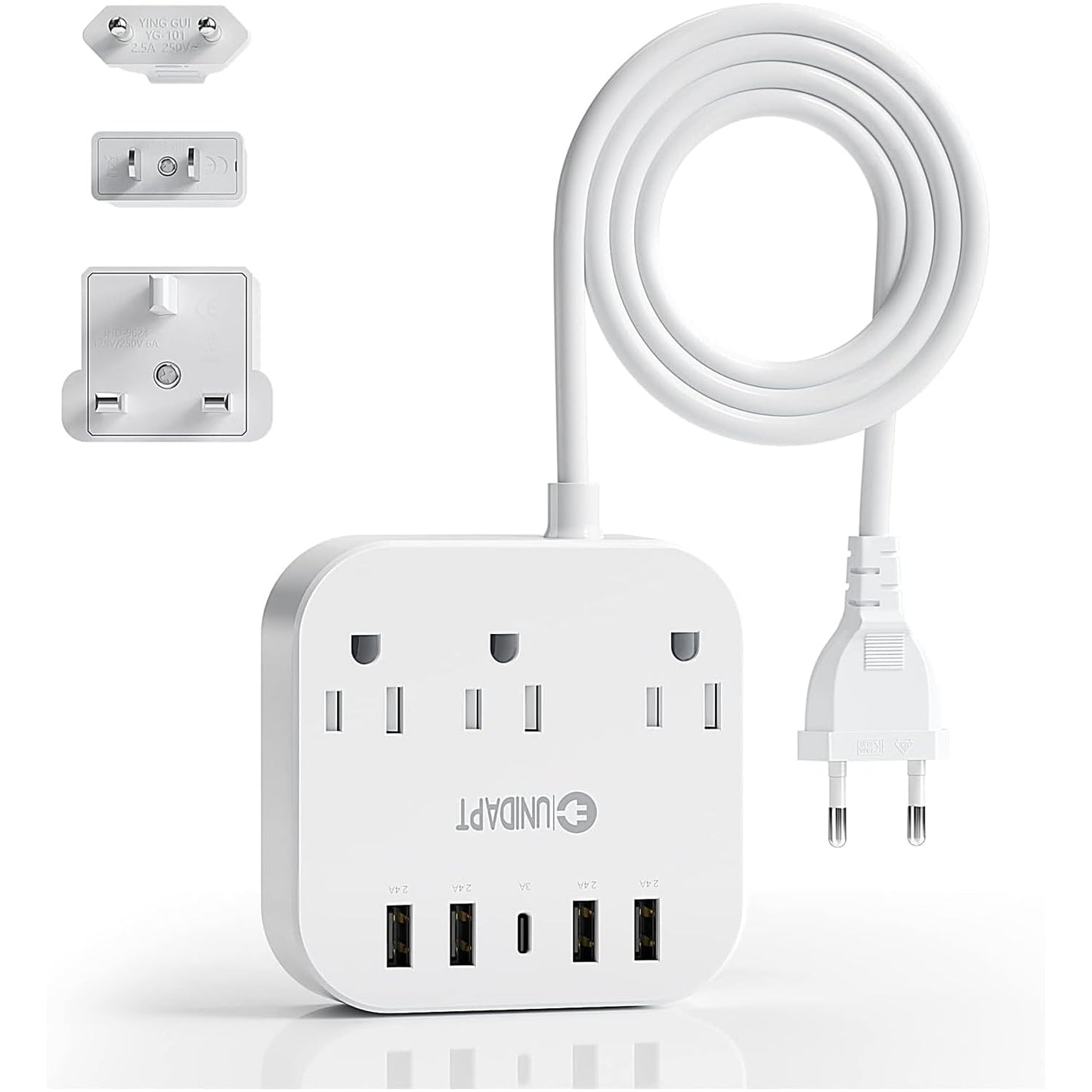 European Plug Adapter, Unidapt US to UK Europe Power Strip for EU/UK/US with USB C and 4 USB Ports, 3 AC Outlets, Wall Mountable, 5ft Extension Cord
