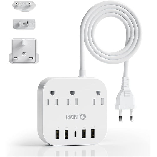 European Plug Adapter, Unidapt US to UK Europe Power Strip for EU/UK/US with USB C and 4 USB Ports, 3 AC Outlets, Wall Mountable, 5ft Extension Cord
