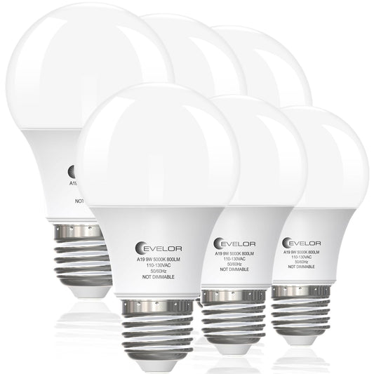 evelor 6-Pack A19 LED Light Bulbs,60 Watt Equivalent,Daylight 5000K