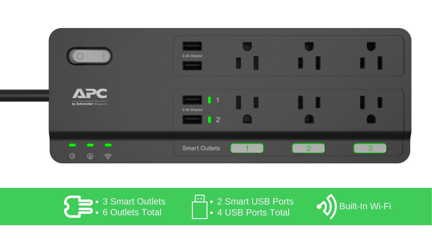 APC Smart Plug Wi-Fi Power Strip with USB Ports, PH6U4X32, 3 Smart Plugs that Work with Alexa, 6 Outlets Total, 2160 Joule Surge Protector