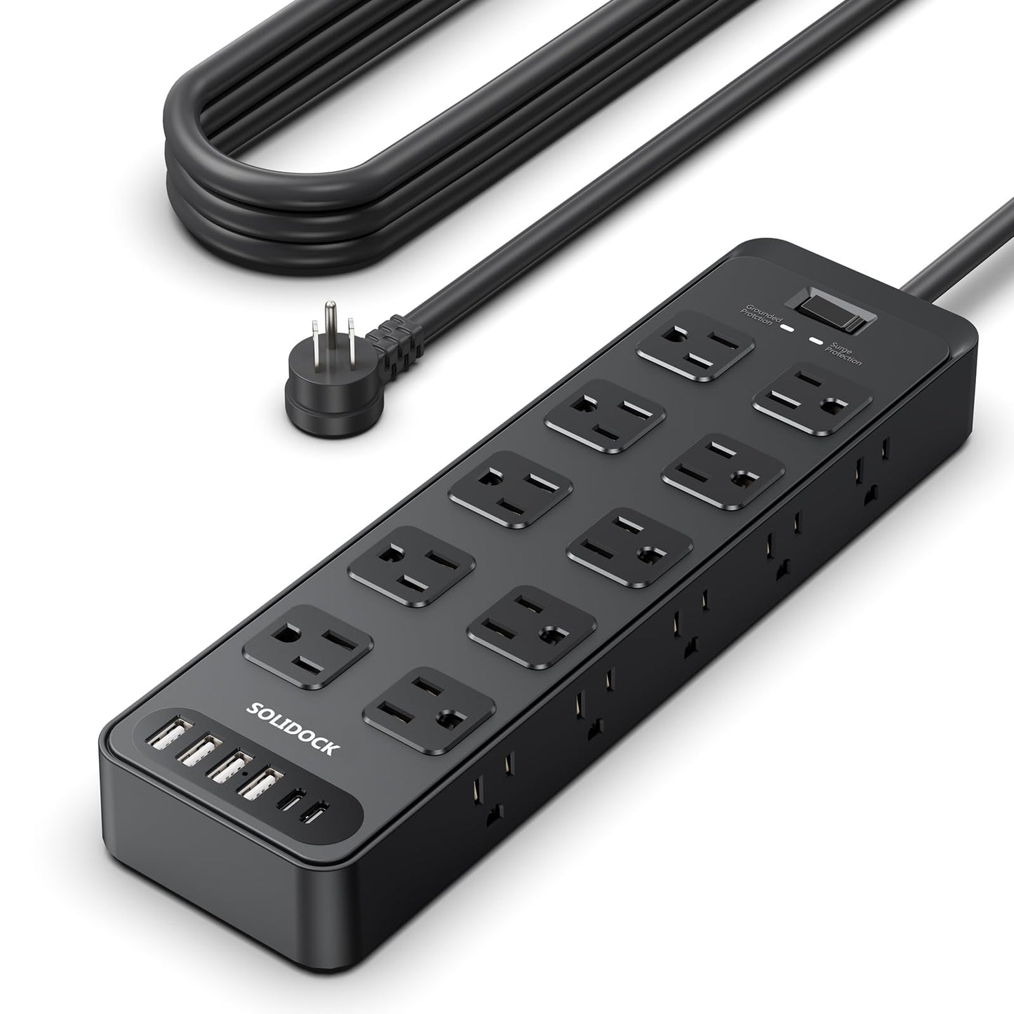 Solidock Flat Plug Power Strip Extension Cord with Multiple Outlets: 20 AC Outlets and 6 USB Ports (2 USB C) Surge Protector, 6Ft, 1875W/15A, 2700