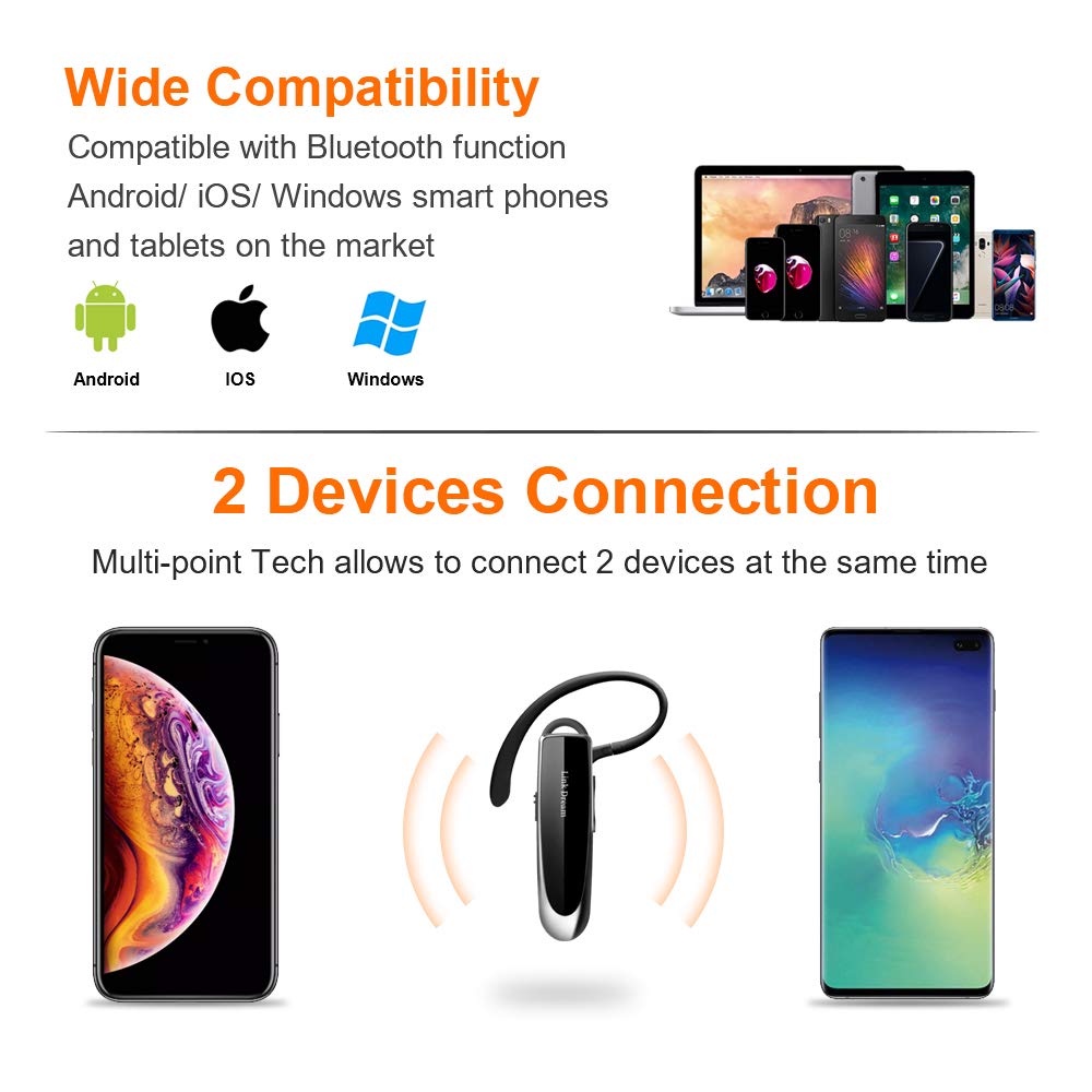 Link Dream Bluetooth Earpiece for Cell Phones Wireless V5.0 Hands Free Headset Noise Canceling Mic 24Hrs Talking 1440Hrs Standby Compatible