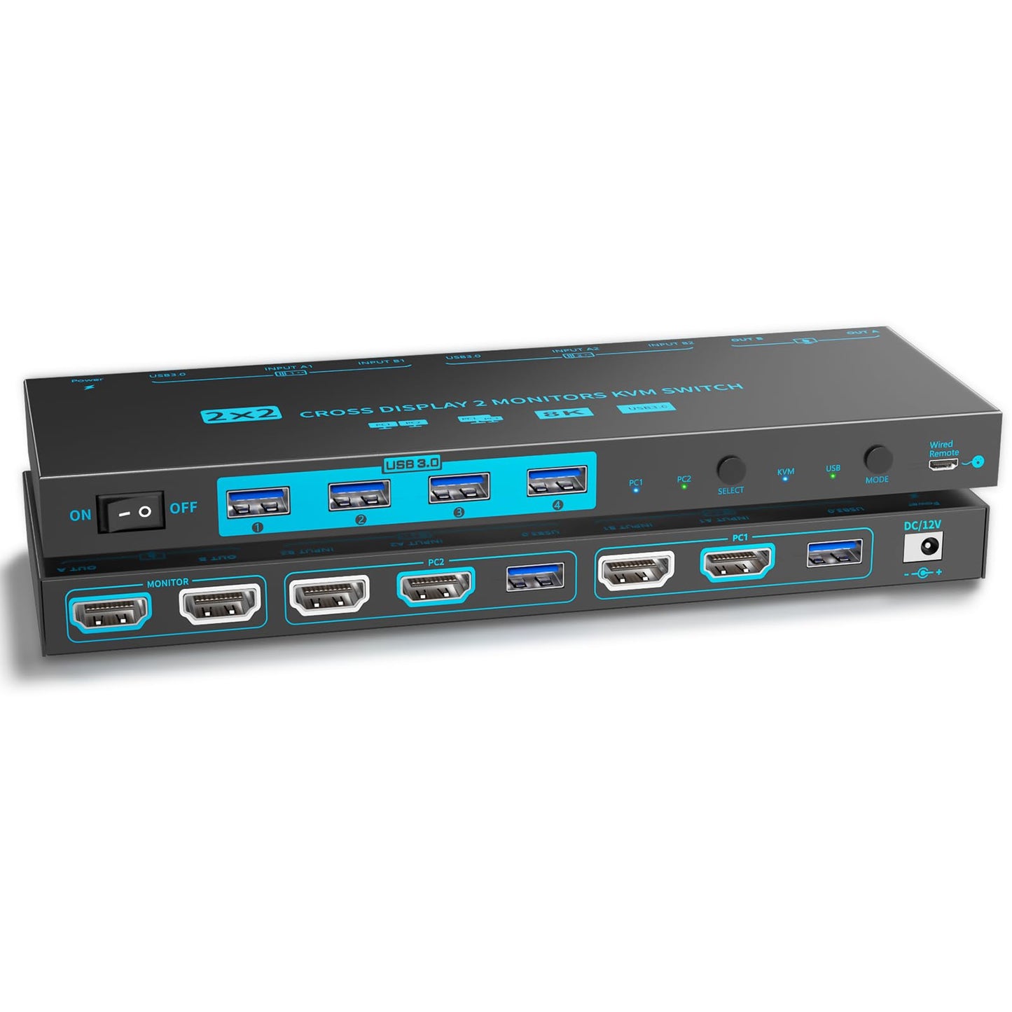 KVM/USB Dual Mode 8K Dual Monitor HDMI 2.1 KVM Switch 2 Monitors 2 Computers Cross Display 2 in 2 Out USB 3.0 KVM Support 8K@60Hz/4K@120Hz, with 2 USB