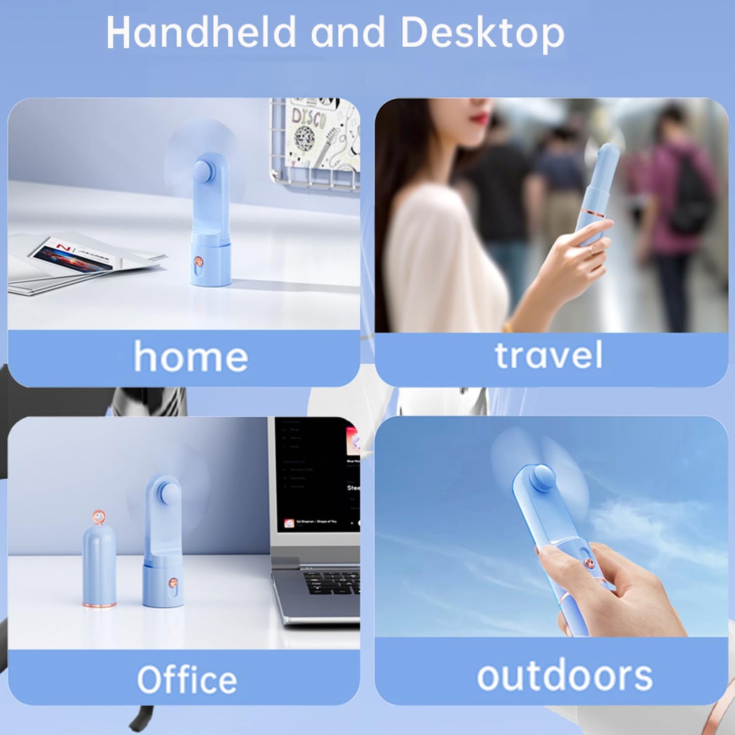 AOCOOLFAN Portable Handheld Fan, USB Rechargeable 3 Speed Personal Small Pocket Fan Travel for Girl Women Outdoor (Light Blue)