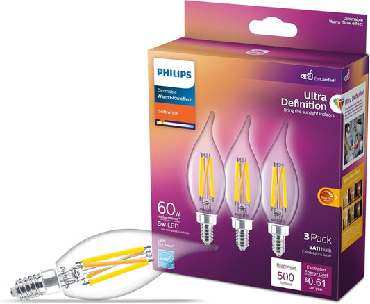 PHILIPS LED BA11 E12 Chandelier Bulbs, 3-Pack